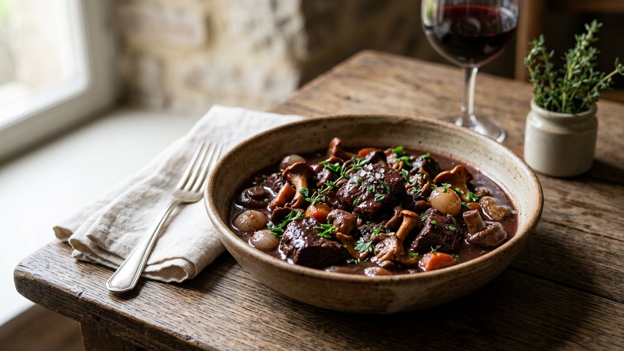 Civet de chevreuil mijoté en cocotte avec sauce au vin rouge