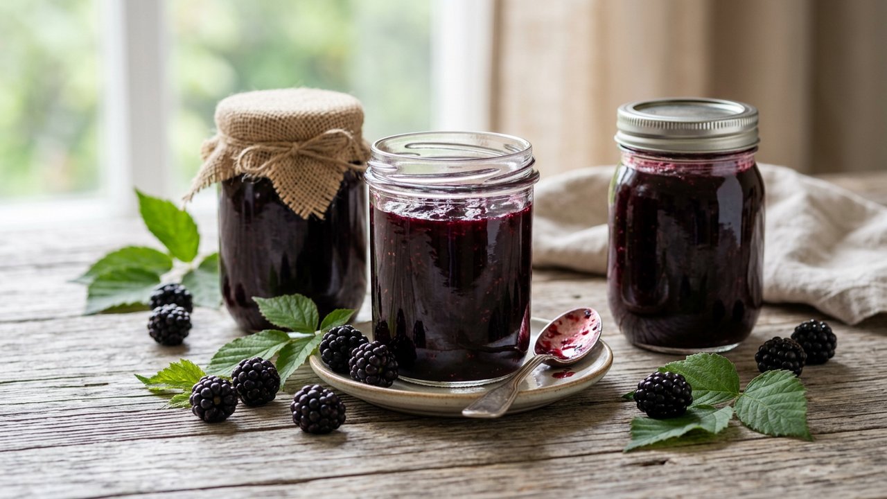 Confiture de mûres faite maison en pots de verre avec mûres fraîches