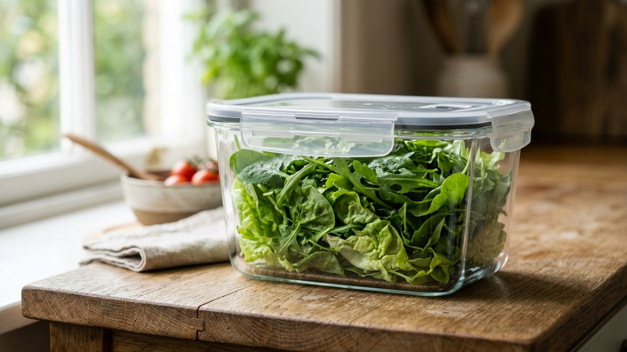 Salade verte fraîche conservée dans un récipient hermétique