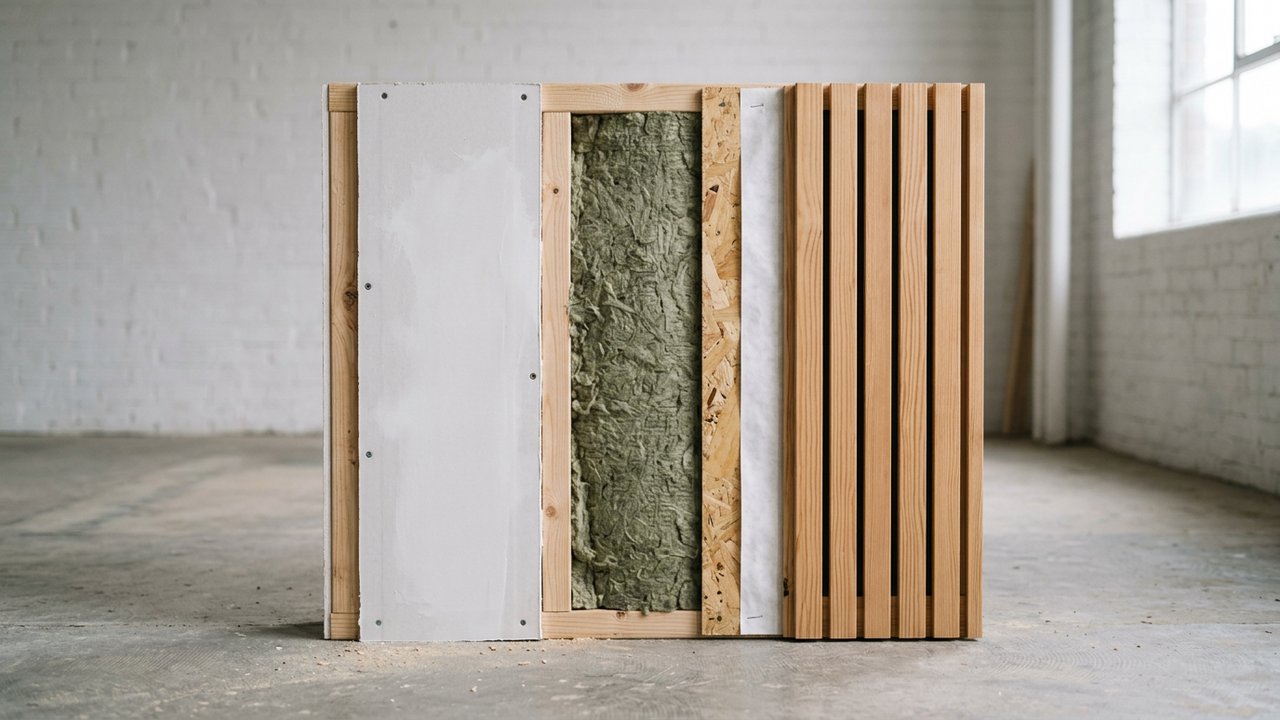 Coupe transversale d'une cloison à ossature bois avec isolant et parements