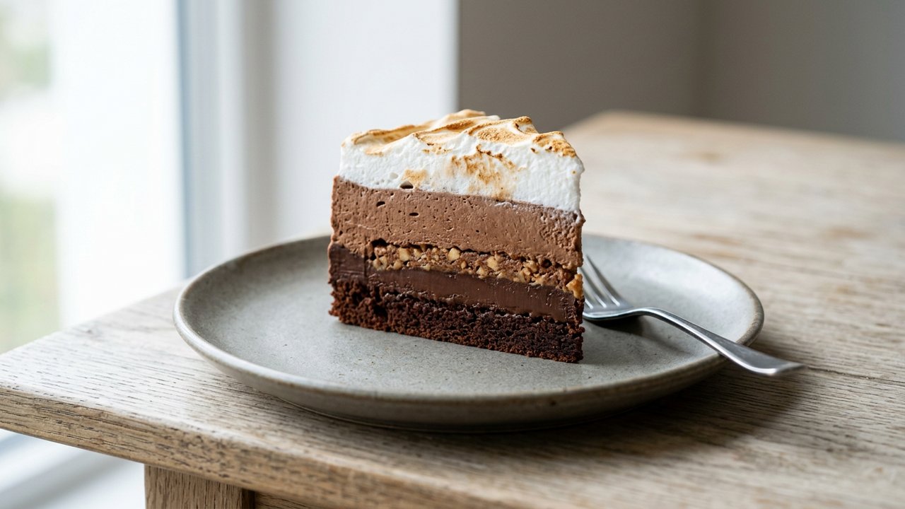 Coupe d'une tête au chocolat révélant la meringue et la crème