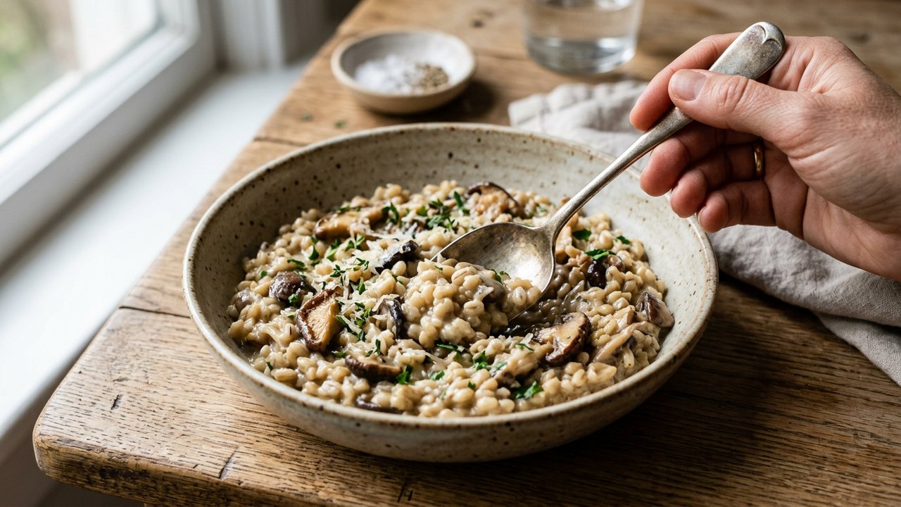 Remontage de l'orzotto pendant la cuisson pour obtenir la texture crémeuse caractéristique