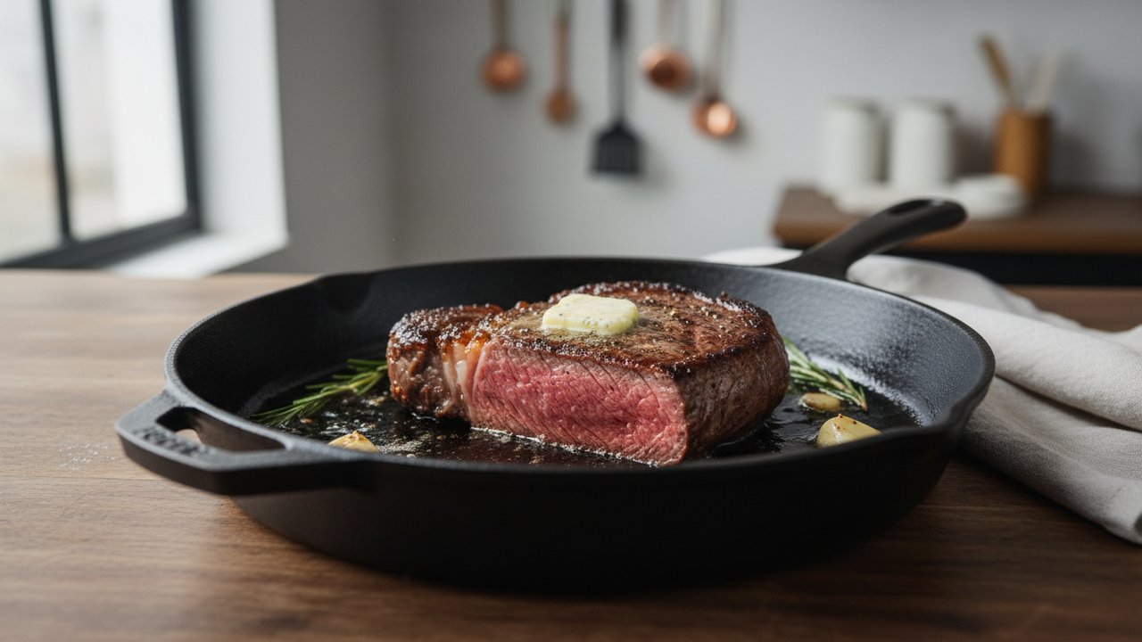 Cuisson d'un steak de viande rouge dans une poêle chaude avec beurre et huile