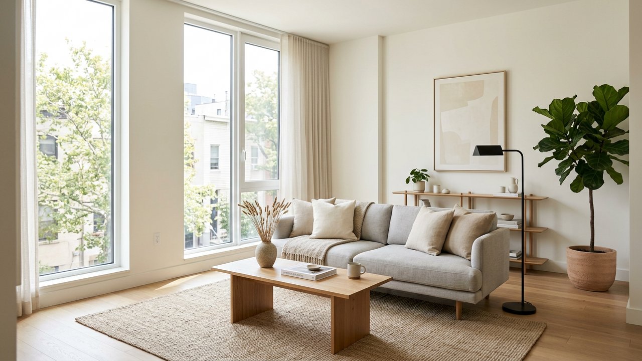 Décoration d'appartement lumineux avec mobilier minimaliste et couleurs neutres