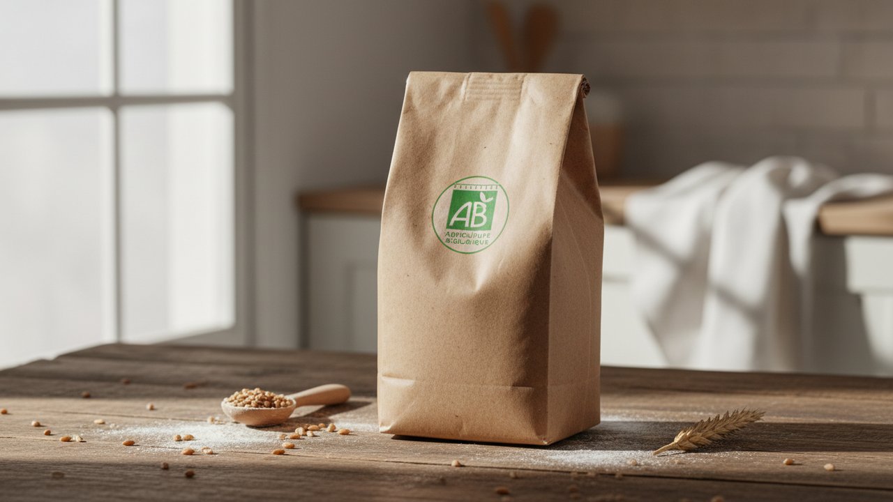 Emballage de farine de blé bio avec logo AB de certification