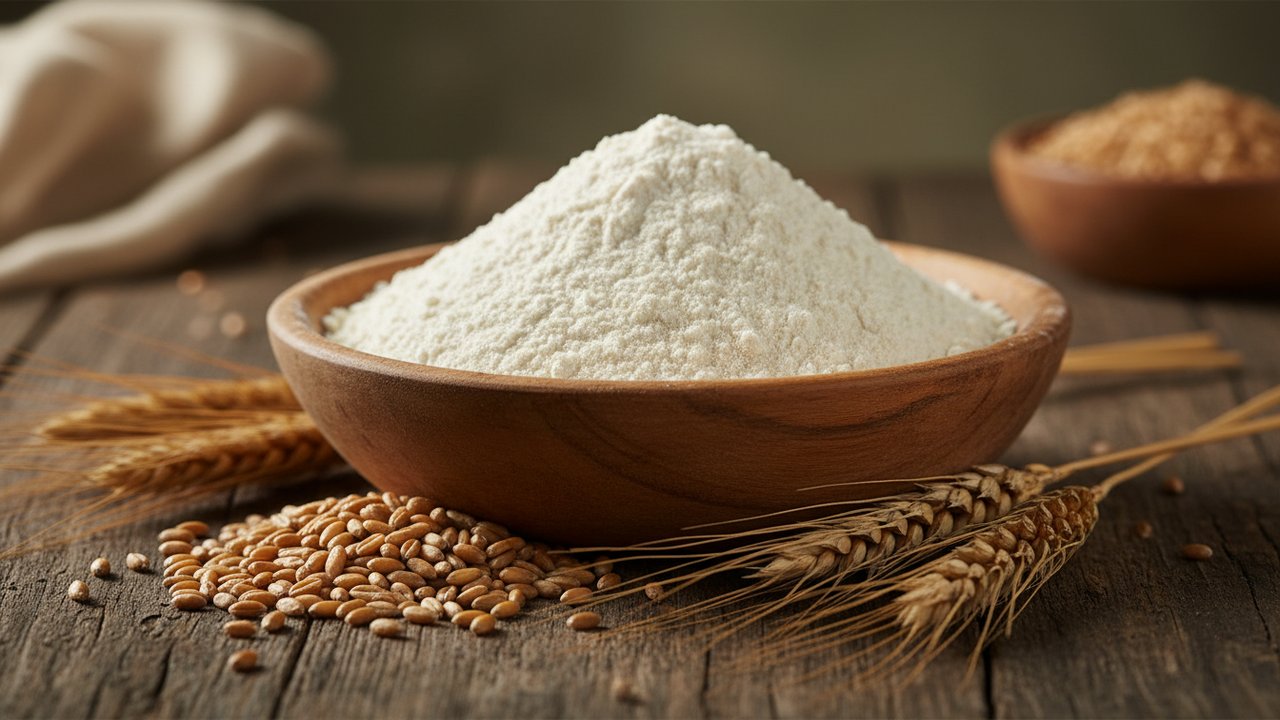 Farine de blé bio dans un bol en bois avec des grains de blé