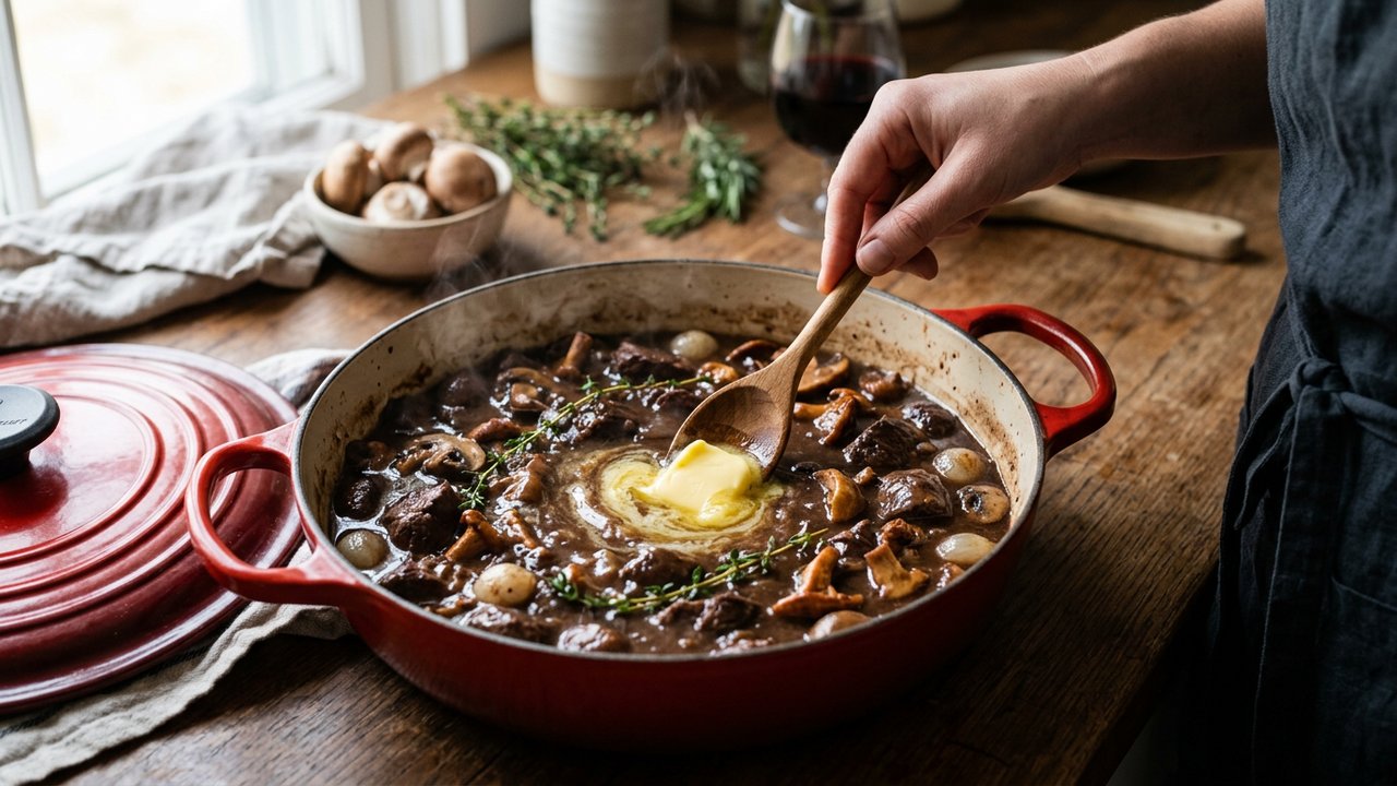 Finition du civet de chevreuil avec beurre, champignons et lardons