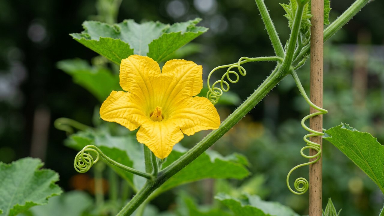 Fleur jaune et vrilles caractéristiques d'une plante cucurbitacée