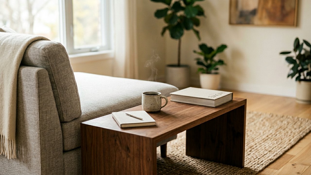 Table basse alignée à la hauteur d'assise du canapé