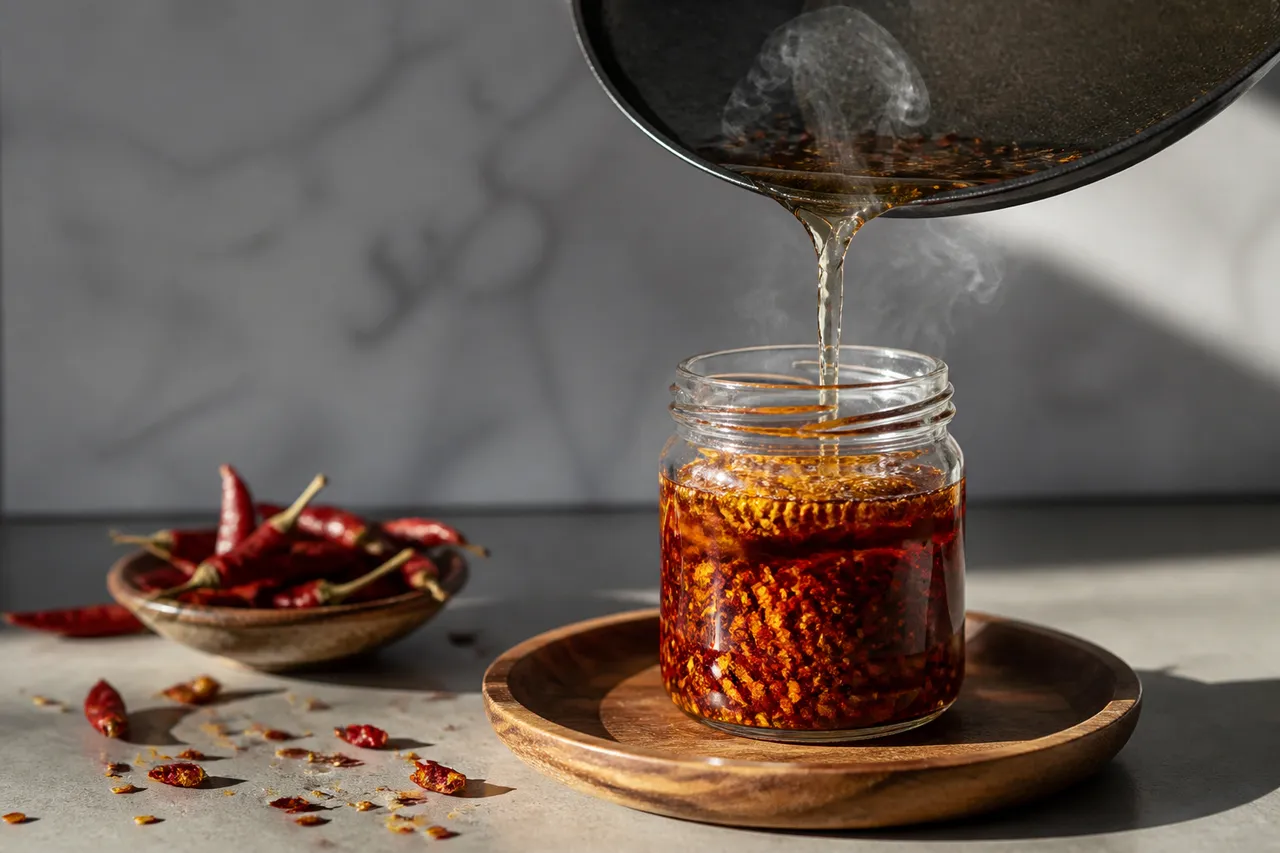 Huile pimentée aux flocons de piment, prête à infuser