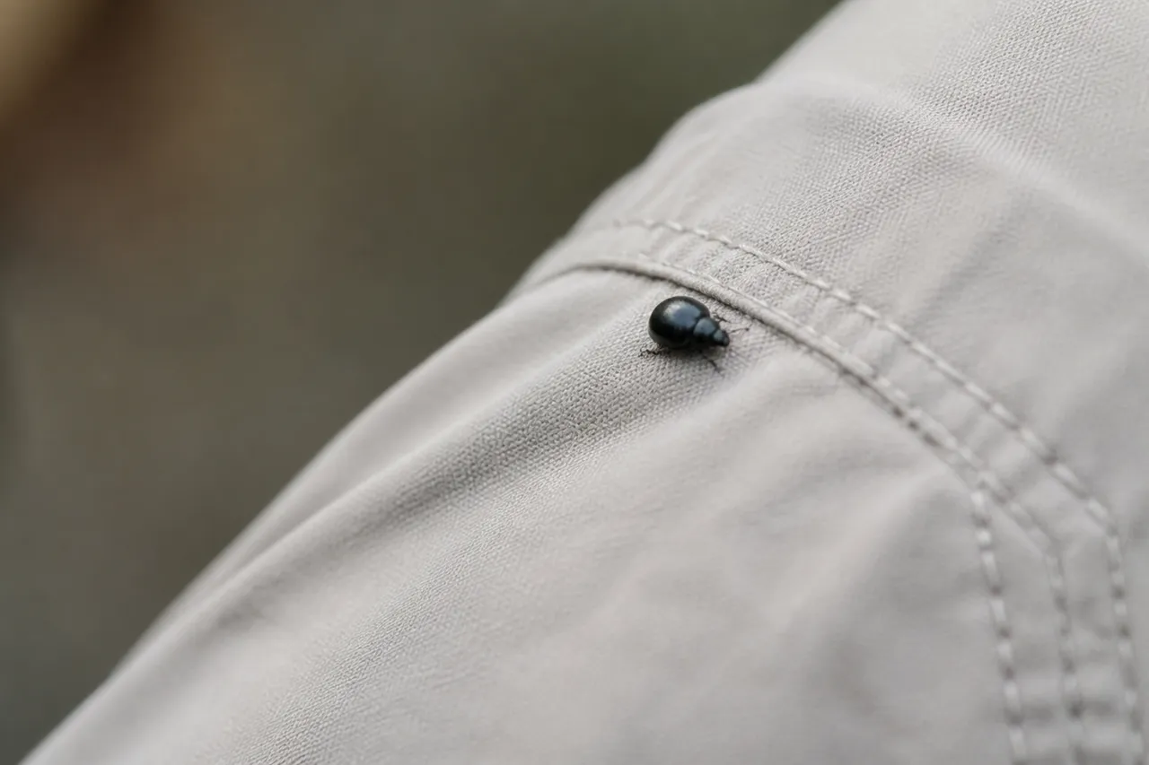 Petit insecte noir rond sur un vêtement, indice de dermestidé