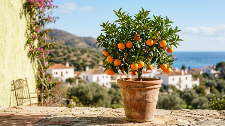 Mandarinier en pot avec fruits oranges sur une terrasse ensoleillée