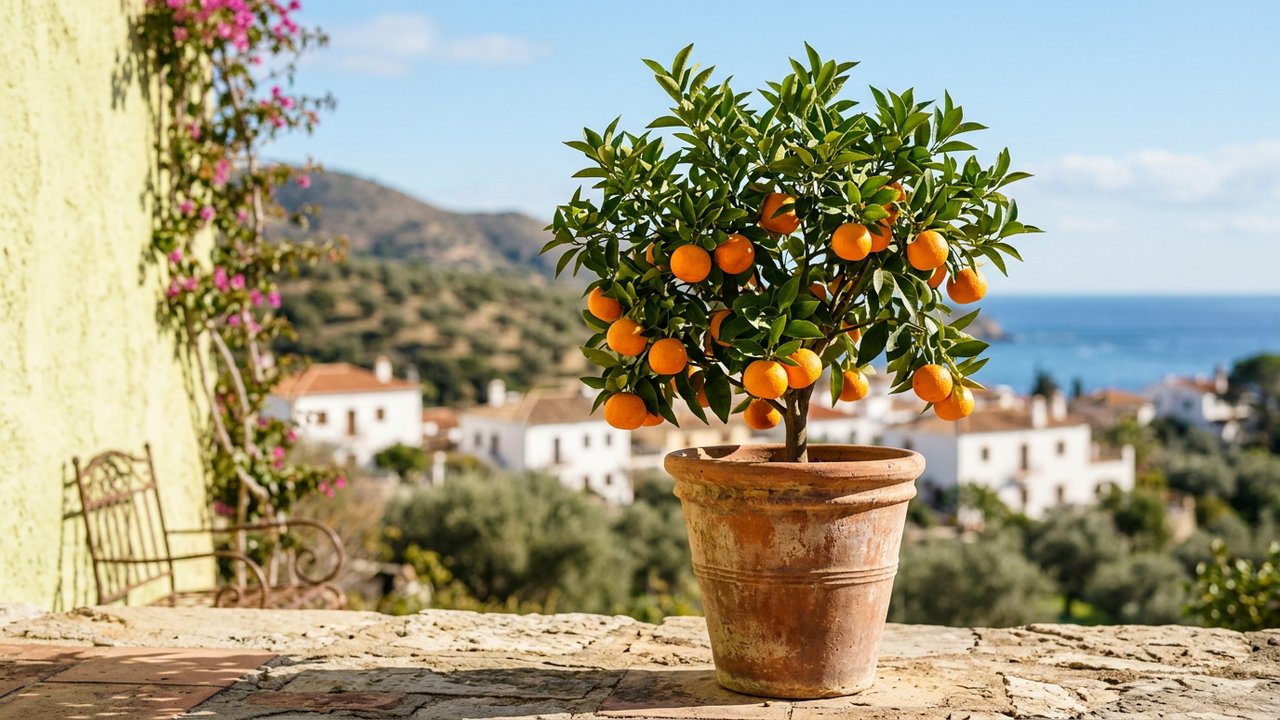 Mandarinier en pot avec fruits oranges sur une terrasse ensoleillée