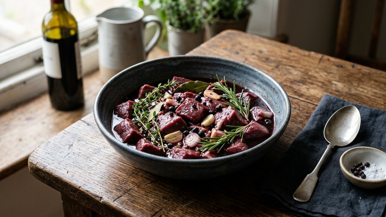 Cubes de chevreuil en marinade au vin rouge avec légumes et épices