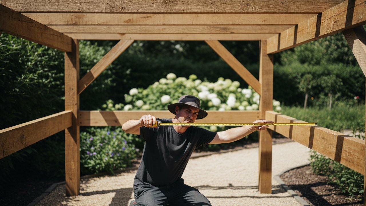 Prise de mesure de l'espace intérieur d'une pergola avec mètre ruban