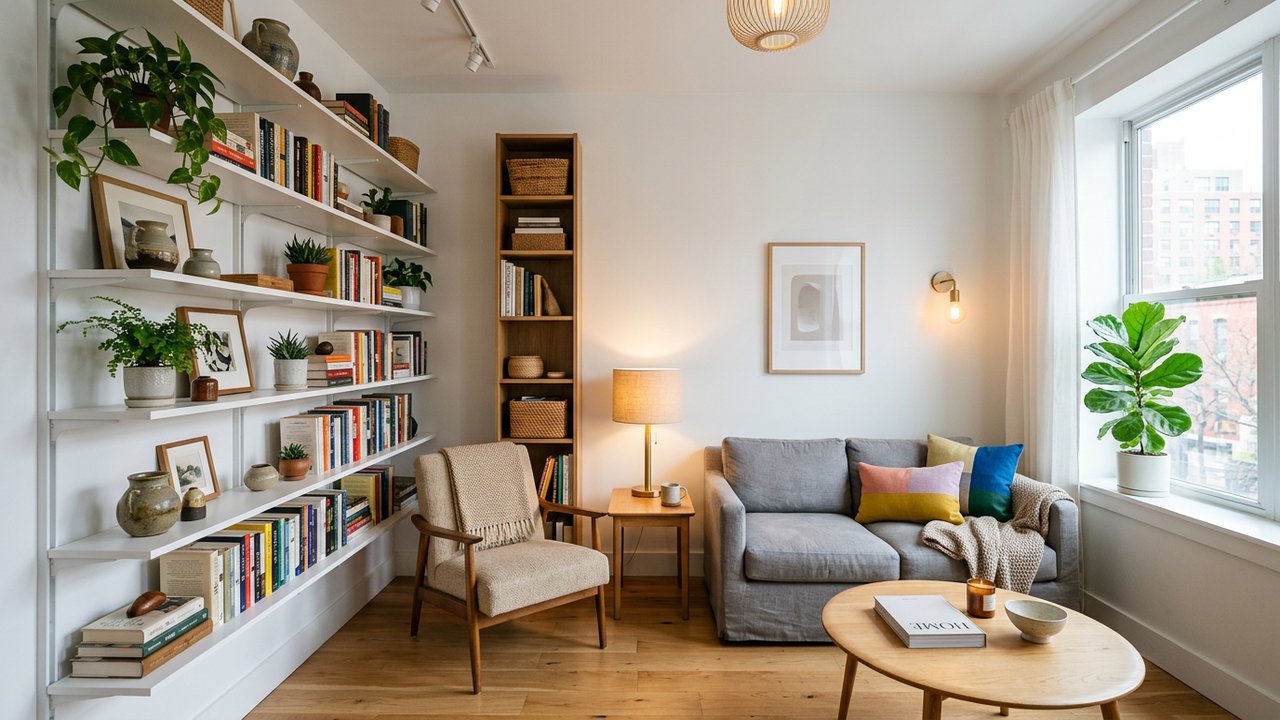 Organisation verticale d'un petit appartement avec étagères murales et éclairage en couches