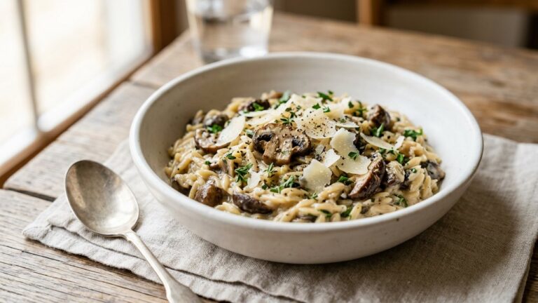 Orzotto aux champignons crémeux garni de parmesan râpé