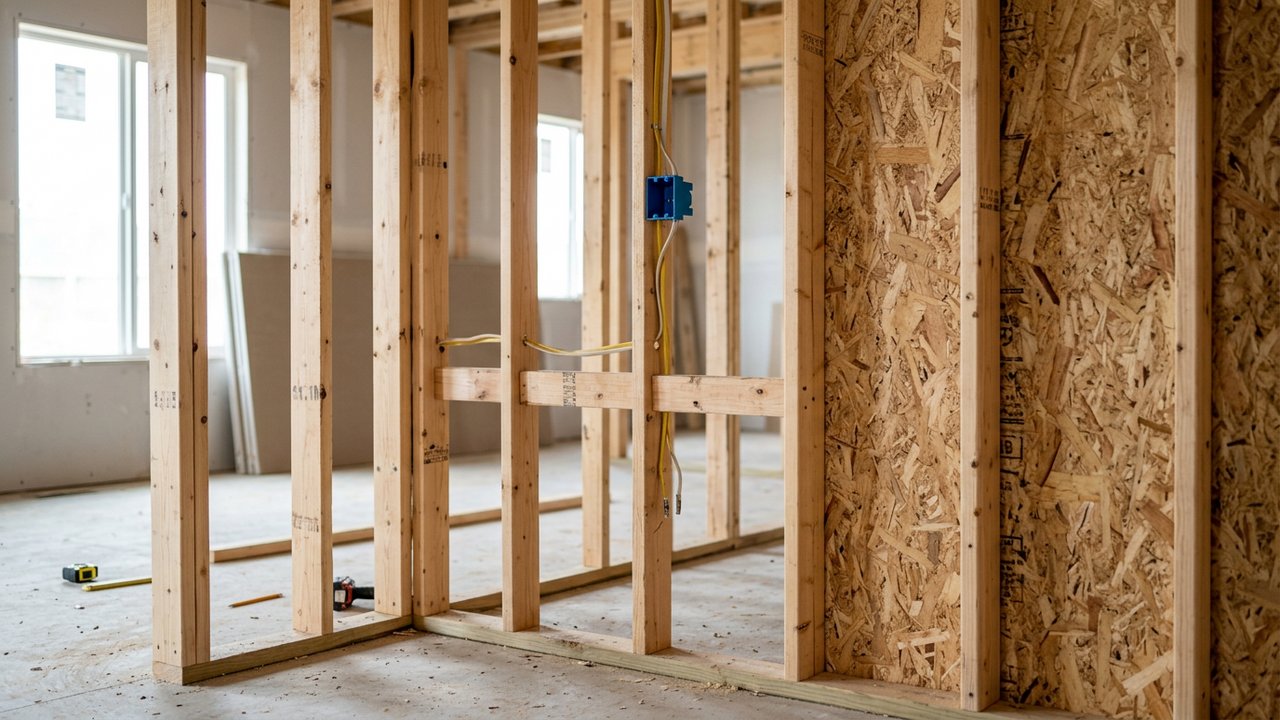 Montants en bois et panneaux OSB pour ossature de cloison intérieure
