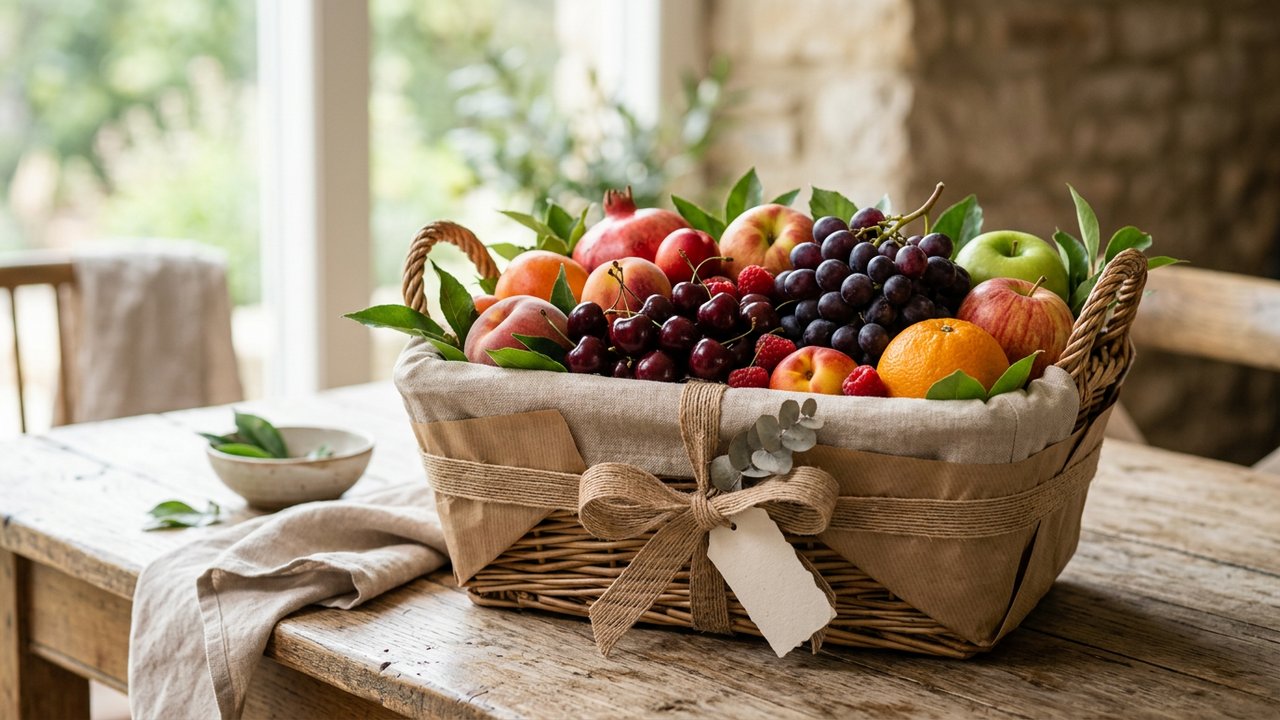 Panier cadeau de fruits bio avec emballage soigné et présentation premium