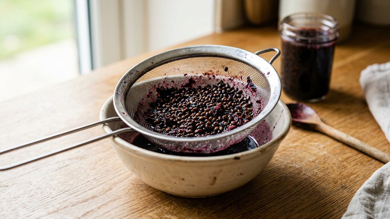 Passoire avec les pépins de mûres après filtrage de la confiture
