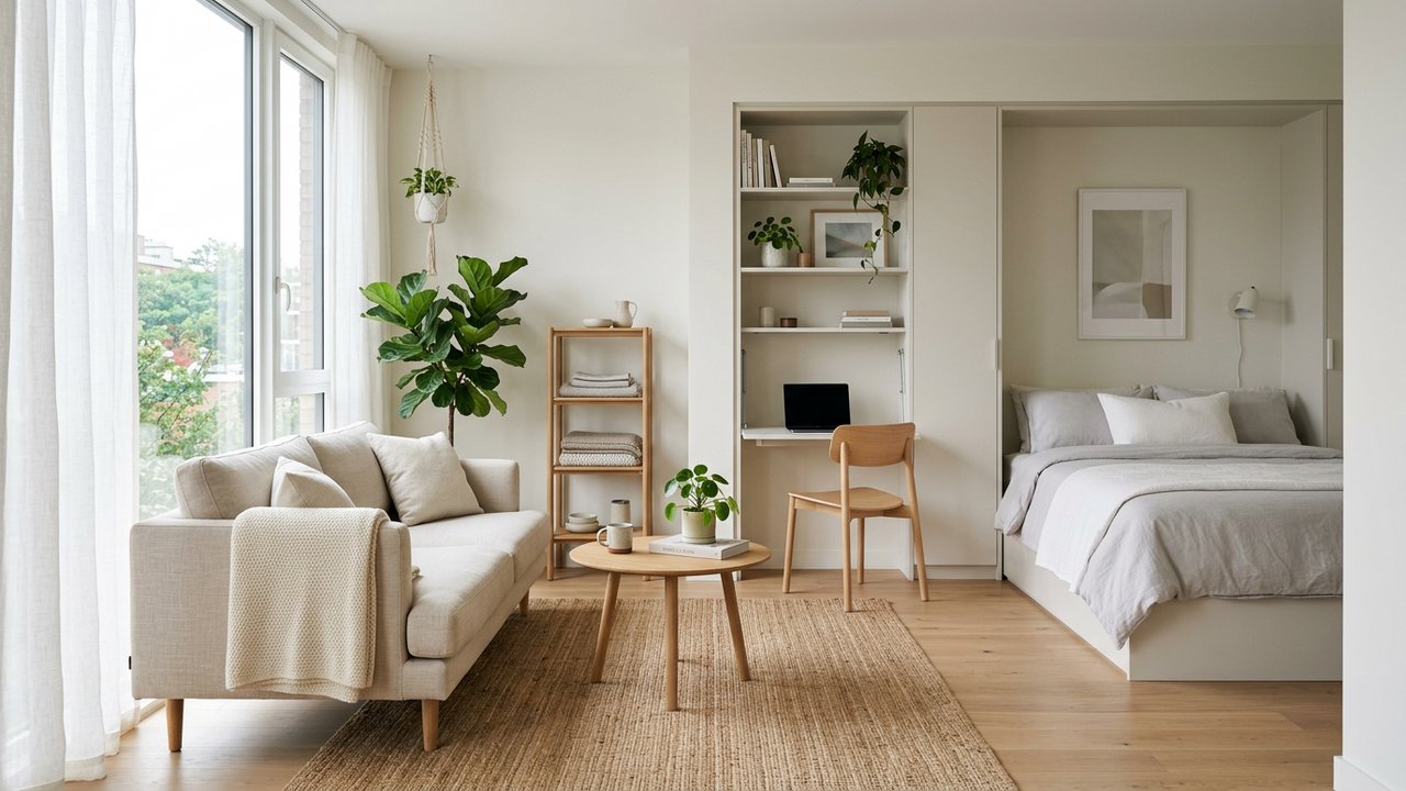 Petit appartement avec palette claire, canapé aérien et meubles multifonctions