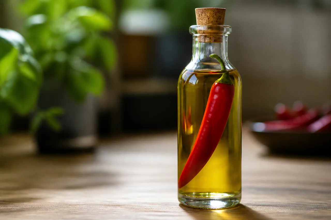 Huile pimentée maison aux piments frais, à garder au frigo
