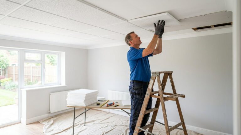 Installation de dalles de faux plafond en polystyrène
