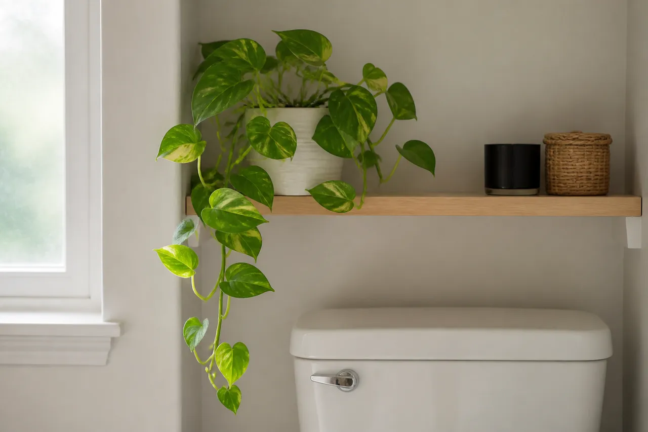 Pothos en WC sur une étagère décorative