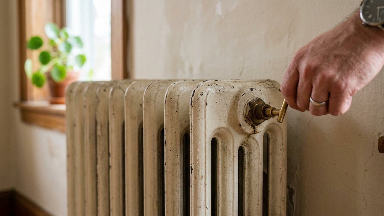 Purge d'un radiateur en fonte avec une clé de purge