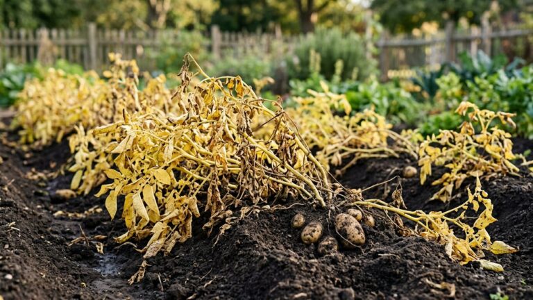 Plants de pommes de terre avec feuillage jauni prêts à être récoltés