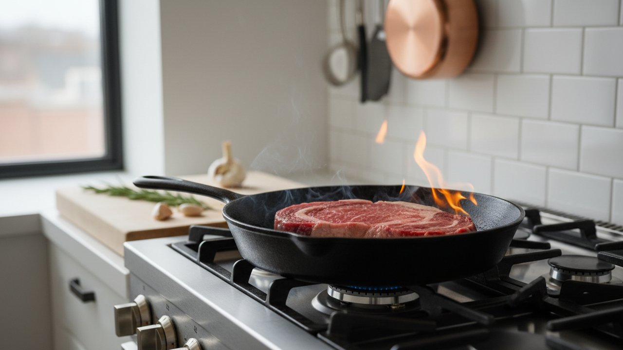 Saisie rapide d'une bavette de viande rouge dans une poêle fumante
