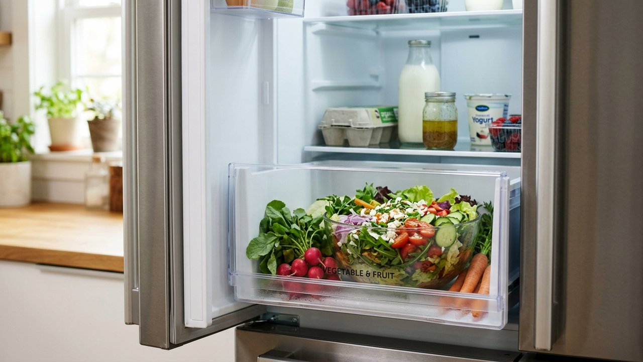 Salade verte conservée dans le bac à légumes du réfrigérateur