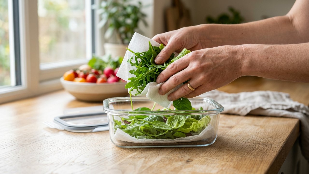 Rangement de feuilles de salade avec sopalin dans une boîte hermétique