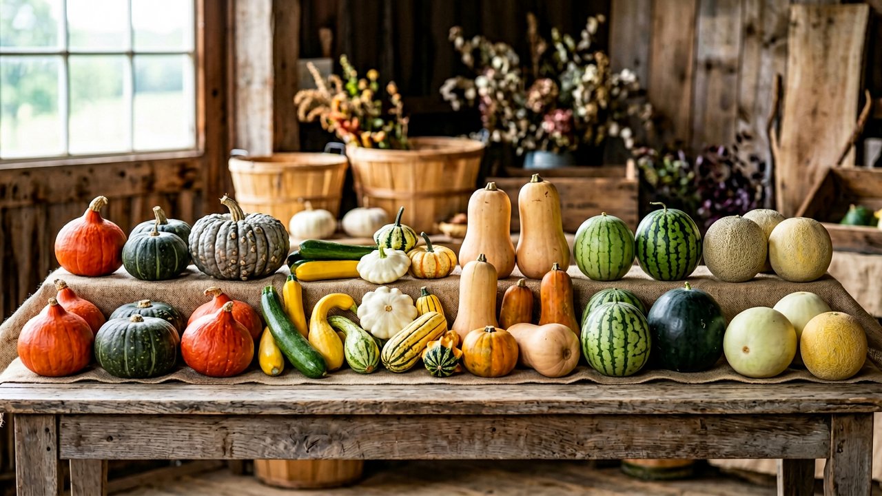 Différentes variétés de cucurbitacées : courges, concombres, melons et chayotes