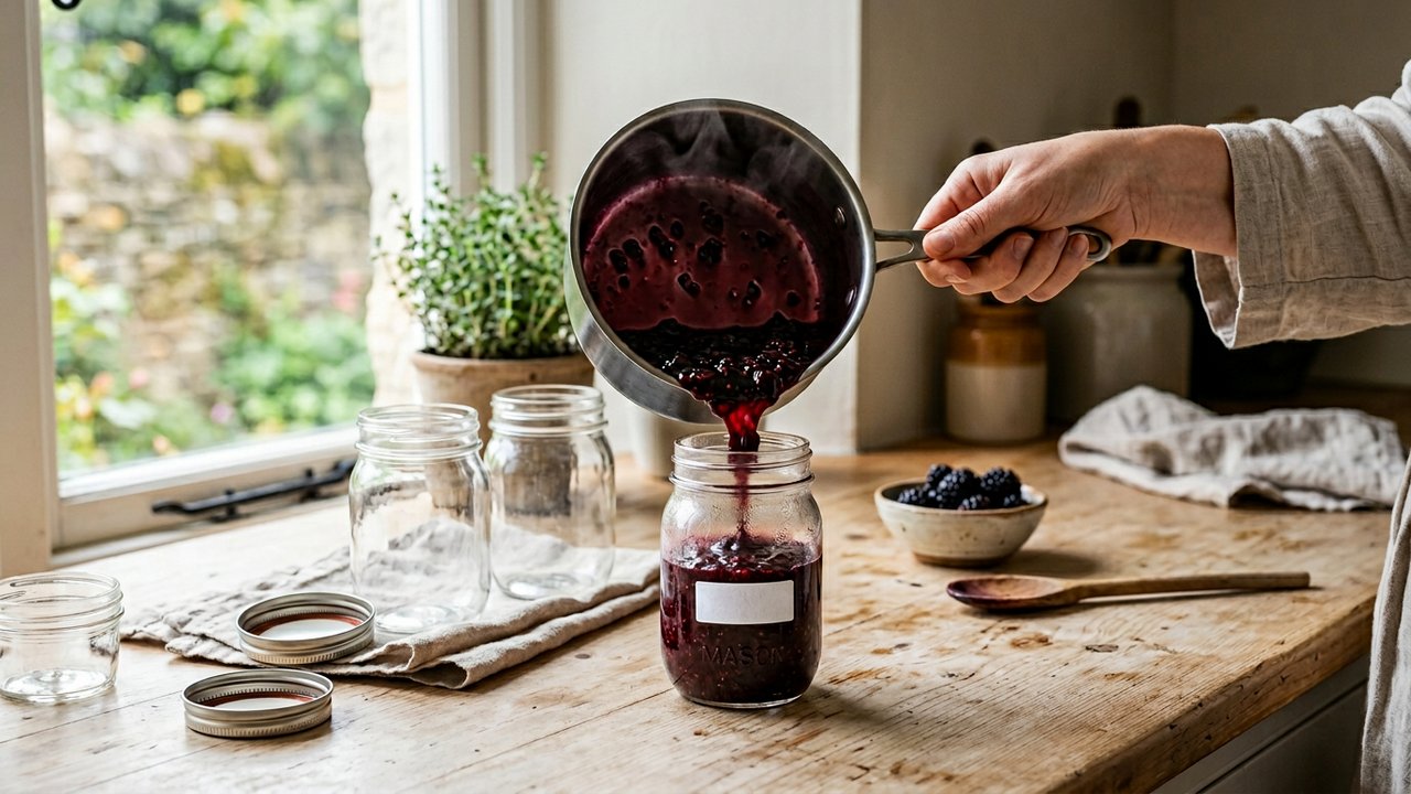 Versement de la confiture de mûres chaude dans des pots stérilisés