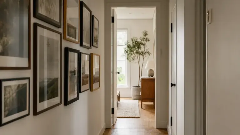 Idée déco couloir entrée avec galerie de cadres