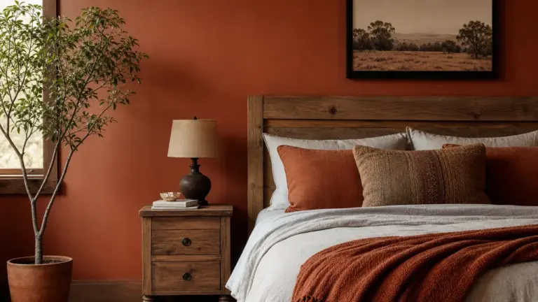 Déco murale chambre terracotta et bois naturel