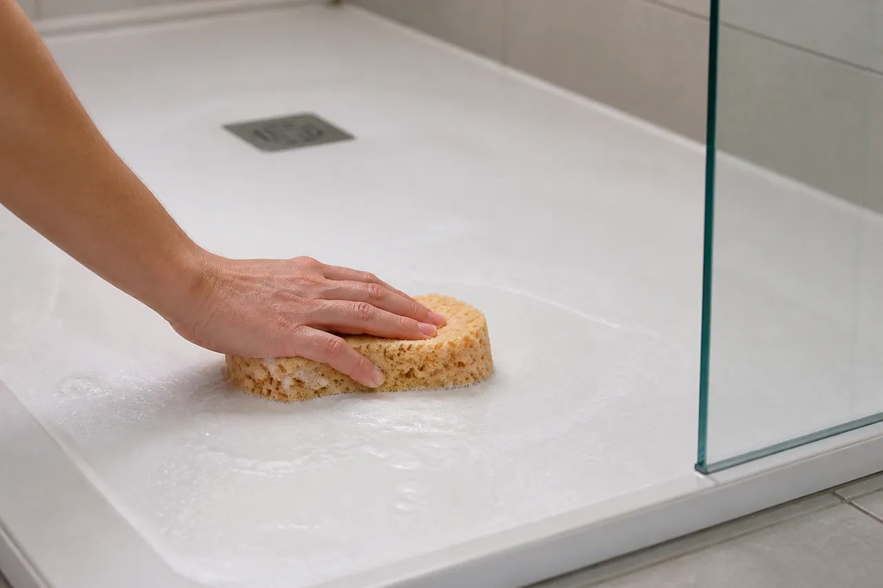 Nettoyage d'un receveur de douche en résine avec une éponge douce