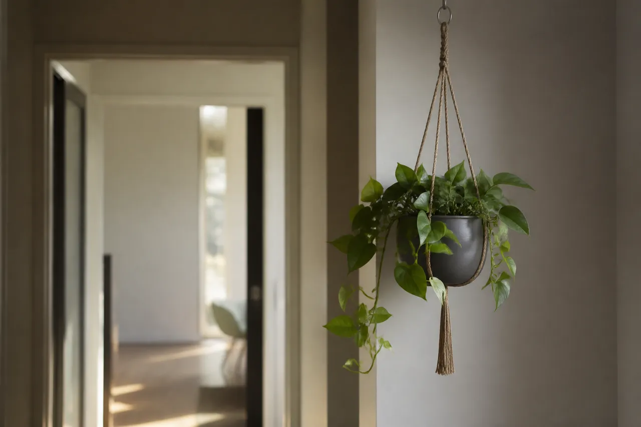 Idée déco couloir entrée avec plante suspendue