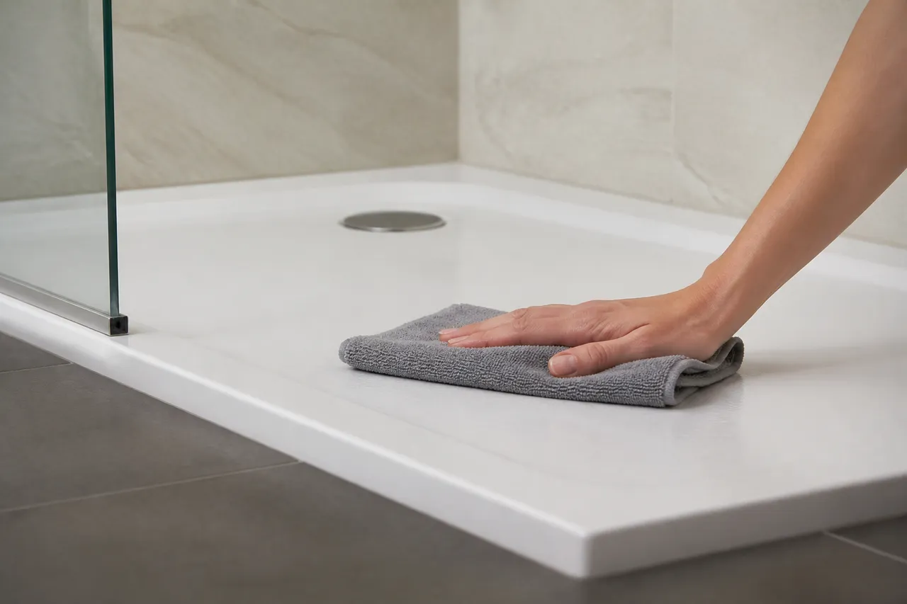 Séchage d'un receveur de douche en résine après rinçage